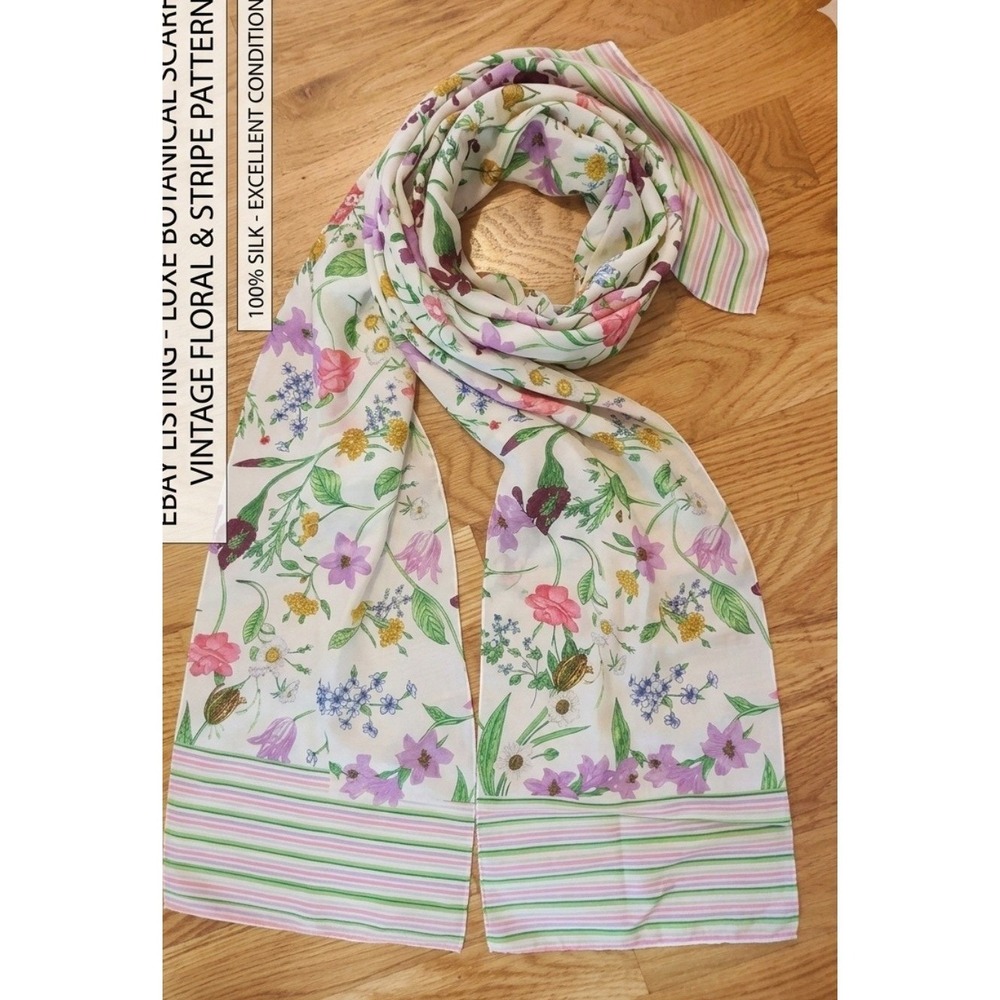 Max Studio 100% Silk Scarf Floral Botanical Stripe White Pink Green RN67508